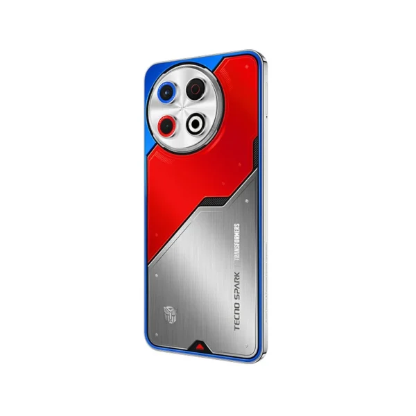 Tecno Spark 30 Pro Optimus Prime Edition smartphone with red, silver, and blue Transformers-themed design and 50MP AI triple rear camera