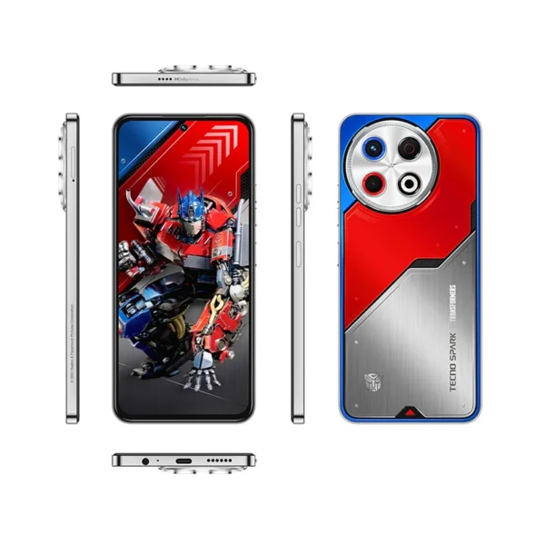 Tecno Spark 30 Pro Optimus Prime Edition smartphone with red, silver, and blue Transformers-themed design and 50MP AI triple rear camera