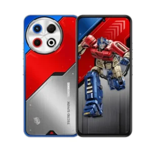 Tecno Spark 30 Pro Optimus Prime Edition smartphone with red, silver, and blue Transformers-themed design and 50MP AI triple rear camera