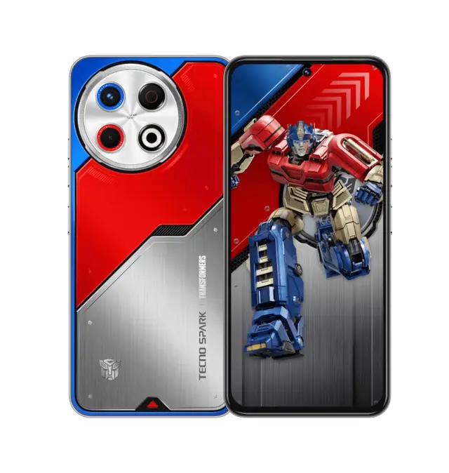 Tecno Spark 30 Pro Optimus Prime Edition smartphone with red, silver, and blue Transformers-themed design and 50MP AI triple rear camera