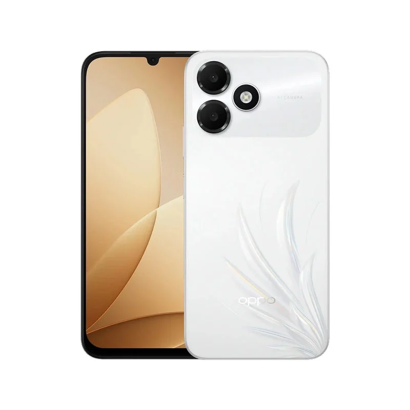 OPPO A6c White smartphone with 6.75-inch 120Hz HD+ display, UNISOC T7250 processor and 13MP AI camera